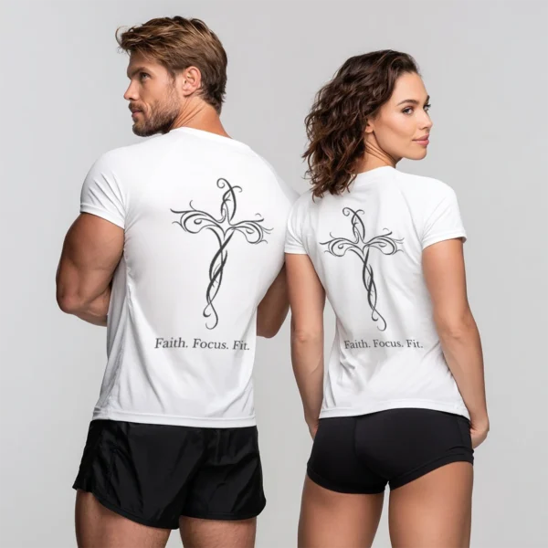 Christian fitness apparel shirt Unisex, White – Faith. Focus. Fit.